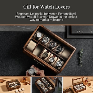 The image is a collage of three photos showcasing a wooden watch box with multiple compartments, designed to hold and organize watches. The watch box is personalized and engraved, making it a thoughtful gift for watch lovers.