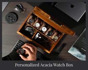 Personalized Watch Box For Men, 5 Slots Large Engraved Wooden Storage with Divider and Velvet Pillows, Customized 5 Year Anniversary Gift