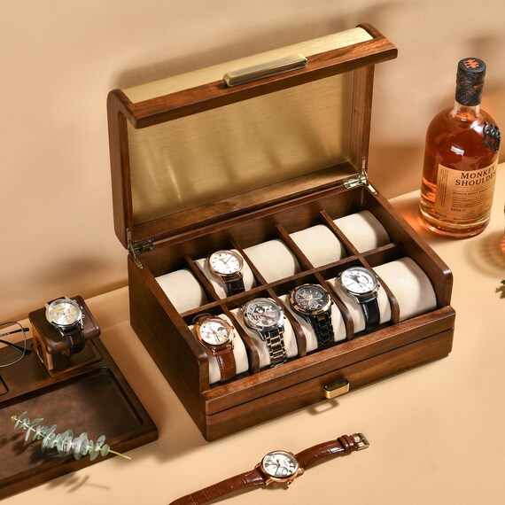 Best Wooden Watch Box With Drawer for Cufflink Ring Key Organizer