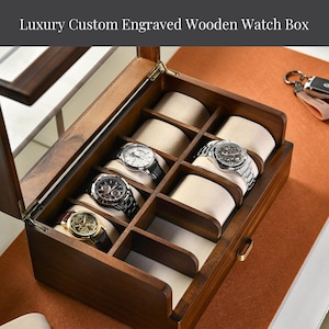 Wooden Watch Box with Drawer Glass Lid Closet Organization Acacia Valet Tray for Men Minimalist Nightstand Organizer Engraved Display Case