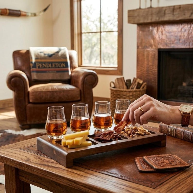 A cozy living room with a wooden table displaying a selection of snacks and drinks, including cheese, crackers, and glasses of amber-colored liquid.