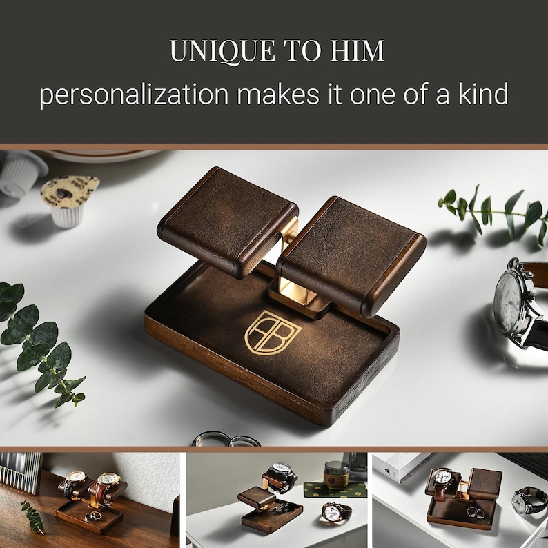 The image showcases a unique wooden watch stand with a watch and a pair of glasses on it. The stand is designed to hold and organize these items, making it a functional and stylish piece of furniture.