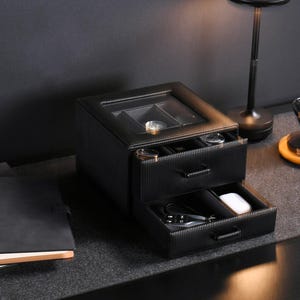 Custom Mens Jewelry Box for Watches Valet Box Organizer with Cufflink & Ring Storage Black Leather Personalized Gifts for Dad from Daughter image 2