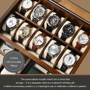 A wooden watch box containing various types of watches, including mechanical, quartz, and digital watches, arranged in rows.