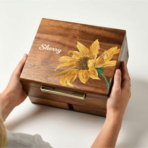 Luxury Wooden Jewelry Box with Velvet Lining Home Organization Gift for Women Dresser Box with Drawers Custom Sunflower Keepsake Box for Her