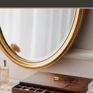 Peut inclure: Coffret &agrave; bijoux en bois fonc&eacute; &agrave; trois tiroirs, rempli de bijoux. Le dessus du coffret est orn&eacute; d'une gravure florale. Le coffret est pr&eacute;sent&eacute; sur une surface en marbre, avec un miroir dor&eacute; en arri&egrave;re-plan.