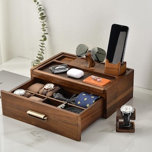 Scatola portaoggetti da uomo con cassetto, porta occhiali da comodino, porta telefono e porta orologio, regali pratici per il marito, regalo personalizzato per la festa del papà da parte della moglie