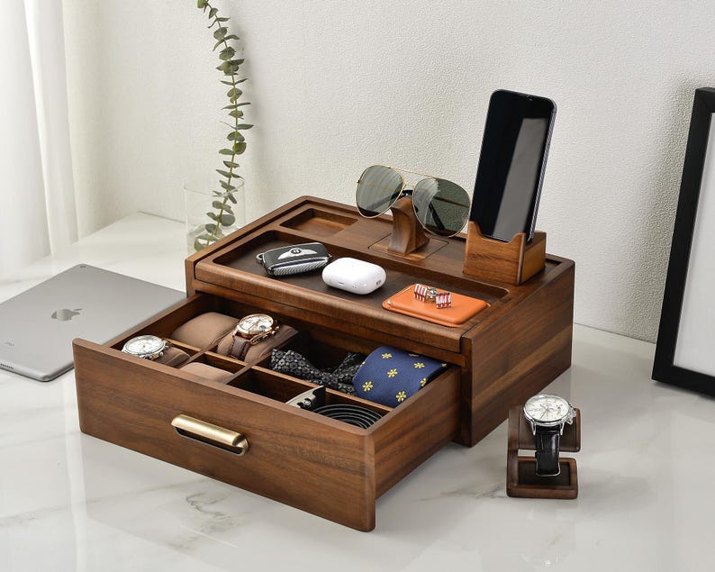 Mens Valet Box with Drawer Bedside Glasses Holder Phone & Watch Stand Practical Gifts for Husband Personalized Fathers Day Gift from Wife image 1