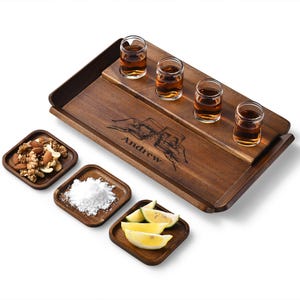 Personalized Boyfriend Tequila Shot Glass Set with Box  Engraved Wooden Storage  Drink Coasters and Serving Tray  Custom Valentines Day Gift
