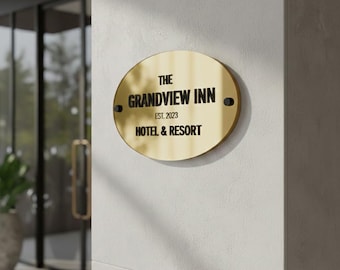 Boutique Hotel Entrance Sign Gold Acrylic Resort Front Store Sign 3D Black Letter Inn Exterior Wall Sign Custom Hospitality Building Sign