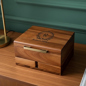 Puede incluir: Una caja de joyería de madera con dos cajones y un asa dorada. La caja está grabada con la letra "R" dentro de un emblema decorativo y el nombre "Robert Miller". La caja está hecha de madera de tonos cálidos.