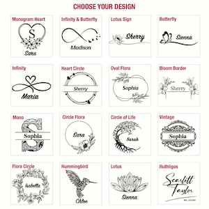 a collection of sixteen different monogram designs, each featuring a unique name or symbol. The designs include the names 'Sara', 'Infinity & Butterfly', 'L Lotus Sign', 'Butterfly', 'Sherry', 'Senna', 'Infinity', 'Heart Circle', 'Oval Flora', 'Bloom Border', 'Mono', 'Circle Flora', 'Circle of Life', 'Vintage', 'Hummingbird', Lotus', 'Ruthligos', and 'Scratch Taylor'.