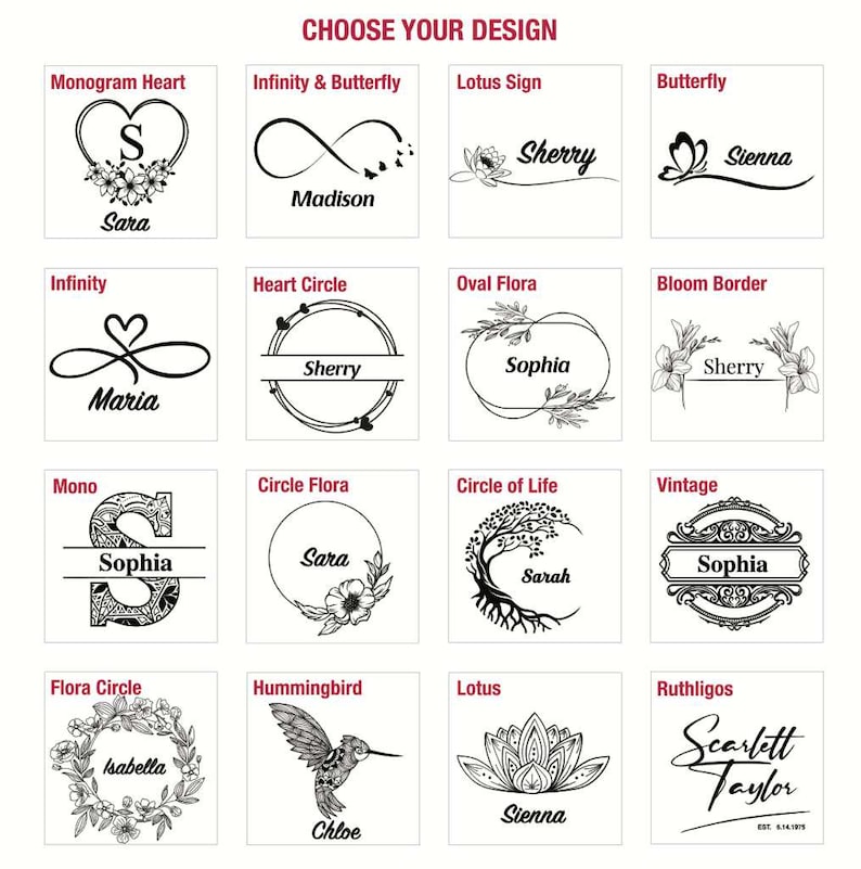 a collection of sixteen different monogram designs, each featuring a unique name or symbol. The designs include the names 'Sara', 'Infinity & Butterfly', 'L Lotus Sign', 'Butterfly', 'Sherry', 'Senna', 'Infinity', 'Heart Circle', 'Oval Flora', 'Bloom Border', 'Mono', 'Circle Flora', 'Circle of Life', 'Vintage', 'Hummingbird', Lotus', 'Ruthligos', and 'Scratch Taylor'.