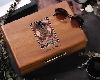 Gemini Gift - Custom Zodiac Sign Box Birthday Gift, Wooden Jewelry Box with Tray and Pull-Out Drawers, Unique Personalized Astrology Gifts