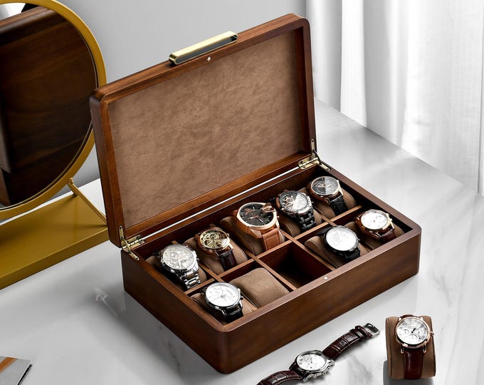 Solid Wood Watch Box for Men 10 Watch Compartments Velvet Cushions Customizable Storage Organization Engraved Gifts for Dad Large Wooden Box