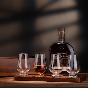 Glencairn Whiskey Glasses Set with Custom Flight Board - Engraved Wooden Box - Personalized Bourbon Gifts for Men who Have Everything