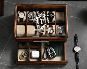 Gepersonaliseerde Watch Box voor mannen, 8 Divider Slots Gegraveerde houten sieraden Display Organizer met grappige citaten