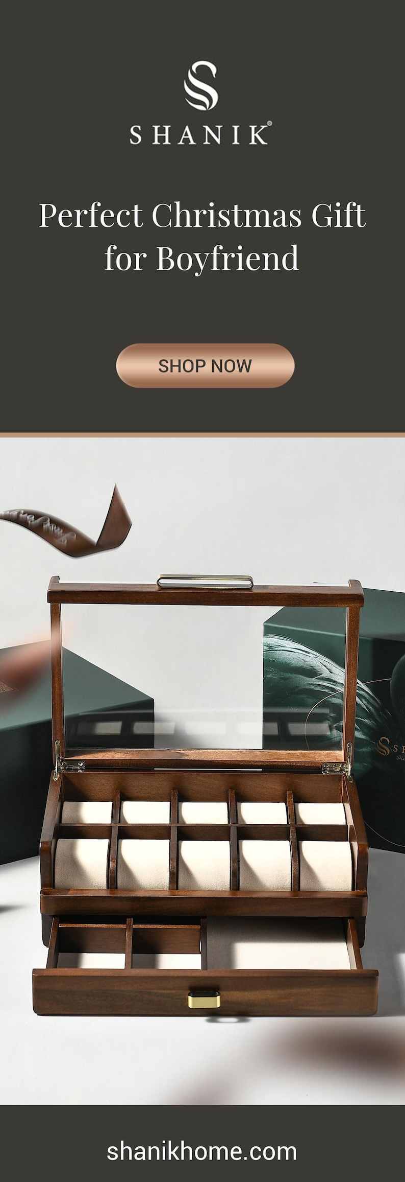 The image is an advertisement for a perfect Christmas gift for a boyfriend. It features a wooden box with multiple compartments, designed to hold and organize various items. The box is placed on a white background, and there is a text overlay that reads "SHANKI" and "Perfect Christmas Gift for Boyfriend".