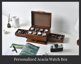 Custom Watch Box with Drawers, 8 Divider Slots Wooden Organizer with Soft Velvet Pillows, Unique Presents for Men, Personalized Gift For Him