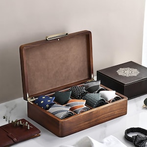 Wardrobe tie organizer box wood dresser divider engraved men storage organization fashion display personalized gift top accessory holder