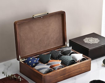 Wardrobe tie organizer box wood dresser divider engraved men storage organization fashion display personalized gift top accessory holder