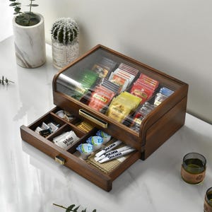 Personalized tea organizer box with drawer for tea bags new kitchen storage gift elegant tea caddy housewarming gift for tea lovers