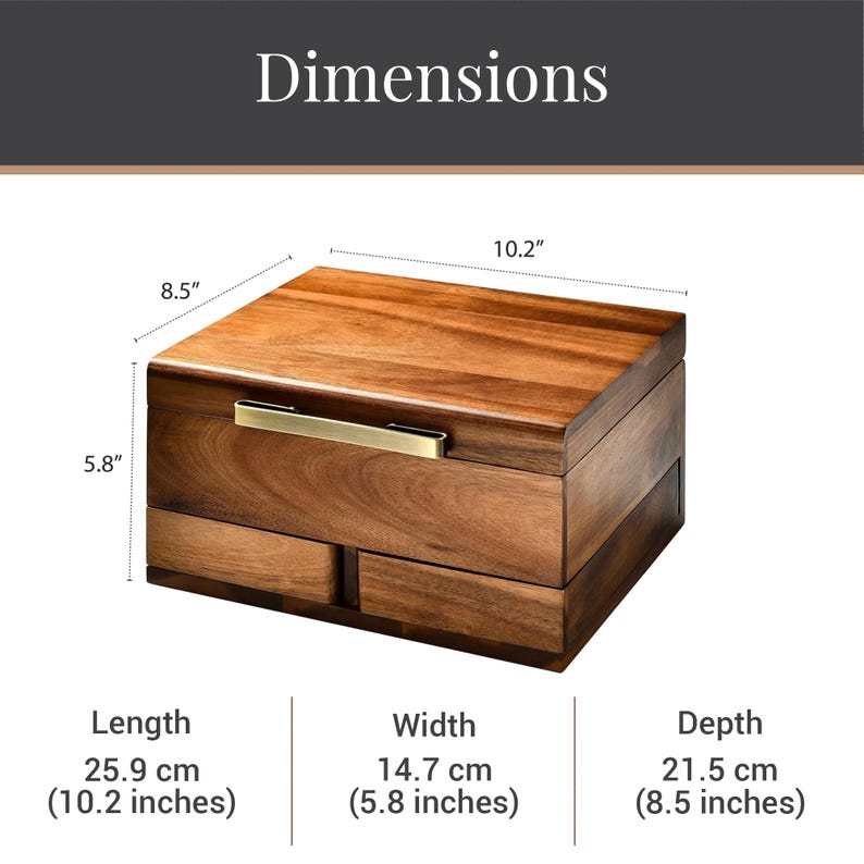 a wooden box with dimensions and measurements provided.
