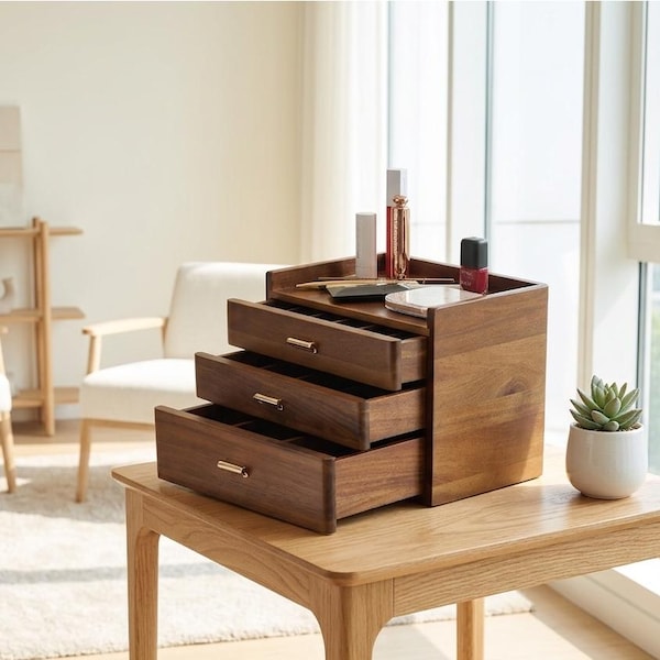 Custom Engraved Wooden Jewelry Box with Drawers Large Capacity 3 Drawer Multiple Compartments Organizer for Women's Jewelry Collection