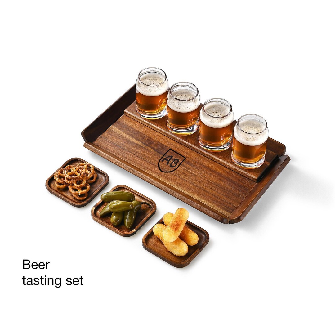 Beer Glasses Tasting Tray With Wooden Serving Platter Drinkware Set Bar ...