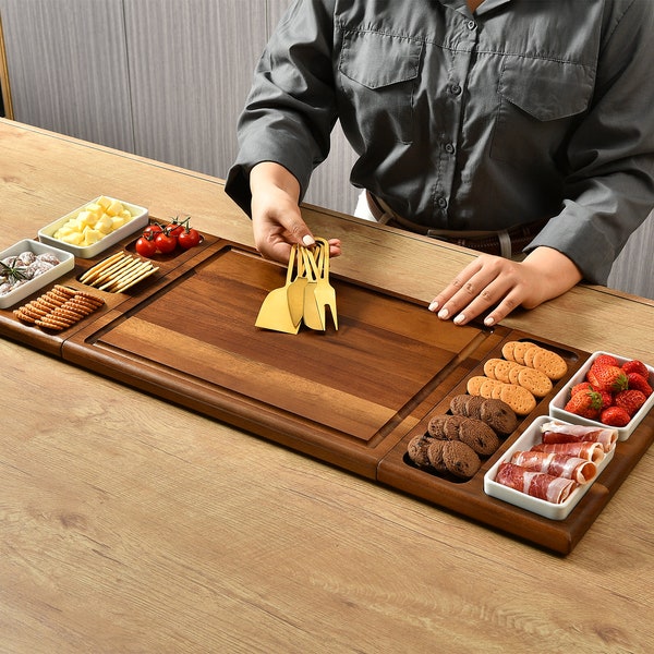 Planche de service en bois pour aliments, plateau de service alimentaire, planche à fromage avec ensemble de couverts (13,88 "x 19,88")