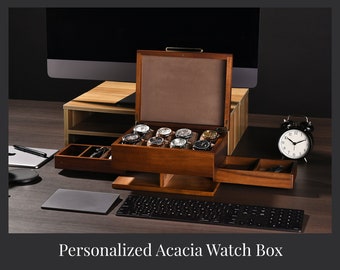 Personalized Police Officer Watch Box Gift, 8 Slots Wooden Display Organizer with Pull Out Drawers, Custom Engraved Jewelry Storage For Men