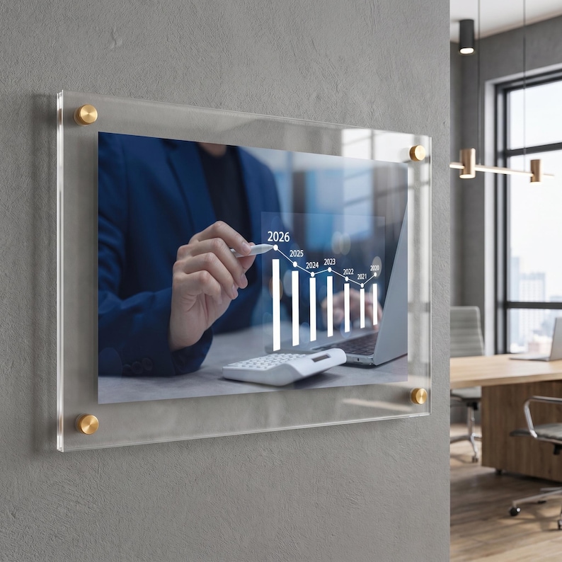 May include: A rectangular clear acrylic wall sign mounted with four gold-toned circular standoffs. The sign displays a graphic of a person using a stylus on a digital chart showing annual growth trends from 2020 to 2026 with white bars.