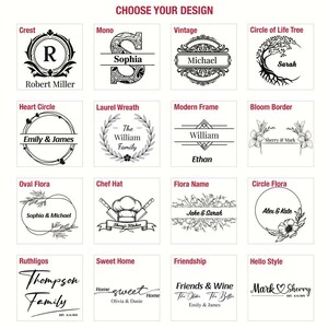 a collection of 16 different designs, each with its own unique style and theme. The designs include various shapes, patterns, and text elements, such as monograms, floral motifs, and decorative borders. The images are presented in a grid format, with each design occupying its own square. The text within the images is not described in detail, as it is not possible to provide specific information about each design without further context.