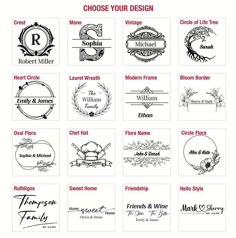 a collection of 16 different designs, each with its own unique style and theme. The designs include various shapes, patterns, and text elements, such as monograms, floral motifs, and decorative borders. The images are presented in a grid format, with each design occupying its own square. The text within the images is not described in detail, as it is not possible to provide specific information about each design without further context.