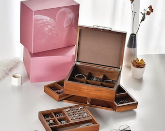 Shanik Wooden Jewelry Box  Jewelry Organizer with Ring Cushions  Earring & Necklace Storage with Pull-Out Drawer  Removable Tray and Divider