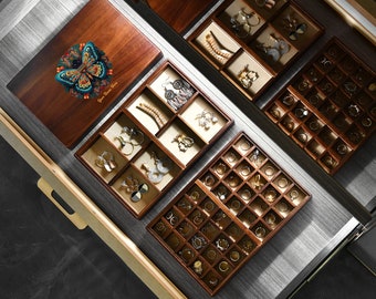 Personalized Jewelry Collection Storage, Wooden 3-Piece Stackable Trays Box with Rearrangeable Grid slots for Rings, Necklaces, Earrings