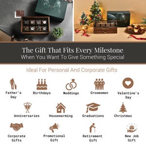 The image is a collage of various gift ideas, including a box of chocolates, a wooden box, a Christmas tree, and other icons representing different gift types such as personal, corporate, and corporate gifts.