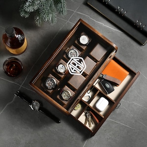 Custom Watch Case 2 layers 8 Slot with Drawer Watch Box Curved Personalized Gifts for Men Customized with Engraving Men's Valet for Dresser
