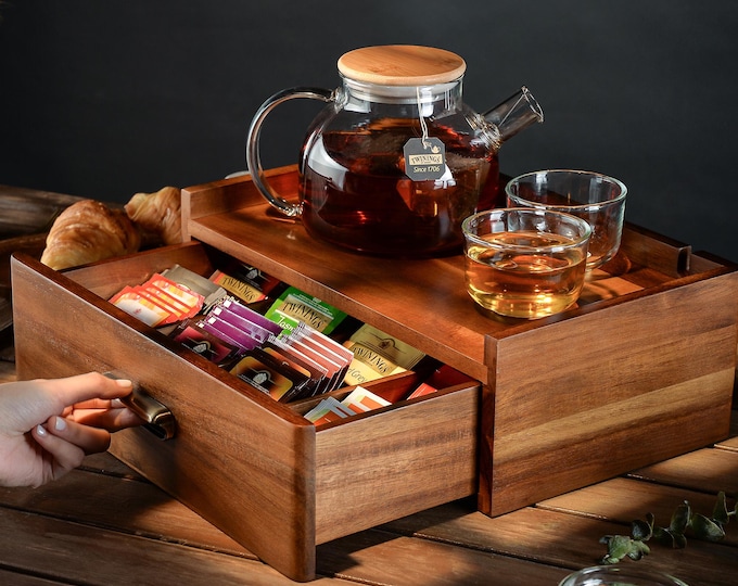 Custom Engraved Office Tea Station with Tea Bag Drawer Solid Wood Tea Organizer Useful Tea Storage for Breakroom Corporate Gifts with Logo