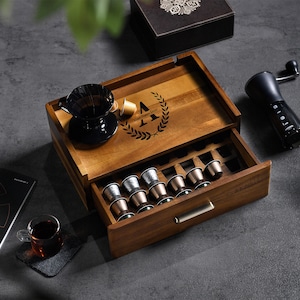 Personalized Coffee Pod Storage Drawer and Stand  Office Coffee Station Organizer  Premium Custom Engraved Wood Gifts with Logo or Text