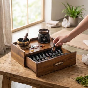 Engraved Spa Organizer Box Acacia Oil Storage with Drawer for Aromatherapy Custom Diffuser Tray Massage Therapist Wellness Clinic Gift