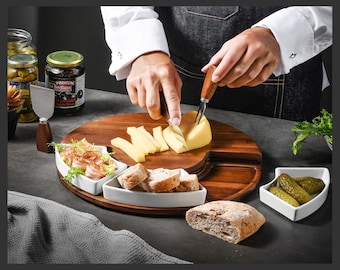 Shanik Cheese Cutting Board - Charcuterie Board, Cheese Serving Platter, Stainless Steel Knife Set, 3 Ceramic Bowls, Housewarming Gift