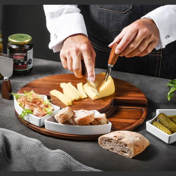 Shanik Cheese Cutting Board - Charcuterie Board, Cheese Serving Platter, Stainless Steel Knife Set, 3 Ceramic Bowls, Housewarming Gift