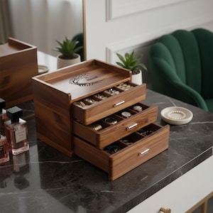 Personalized Jewelry Box for Women Wooden Organizer with 3 Drawers for Women's Jewelry Collection Rings Necklaces Earrings Compartments