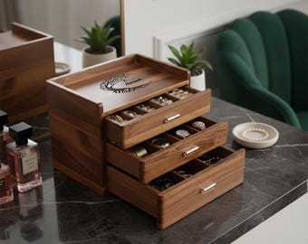 Personalized Jewelry Box for Women Wooden Organizer with 3 Drawers for Women's Jewelry Collection Rings Necklaces Earrings Compartments