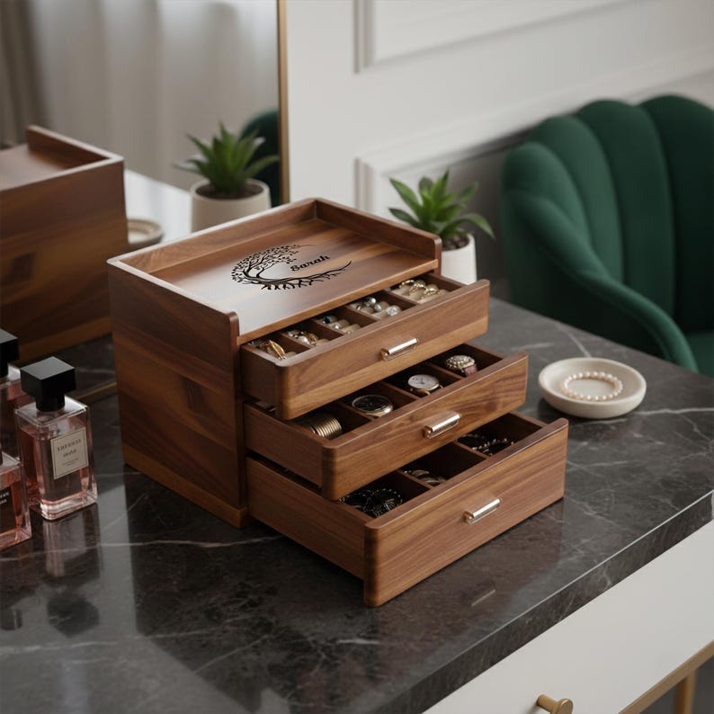Caja de joyería personalizada para mujer, organizador de madera con 3 cajones para colección de joyas femeninas: anillos, collares, pendientes. imagen 1