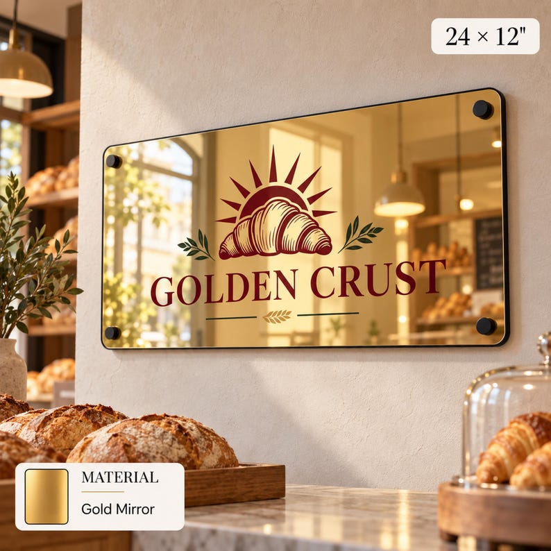 a bakery with a large sign that reads "GOLDEN CRUST" and a gold mirror hanging on the wall. There are various baked goods, such as bread and pastries, displayed on a counter in the bakery.