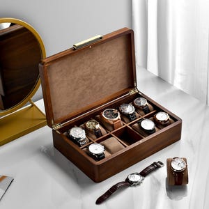 Solid Wood Watch Box for Men with 10 Compartments and Cushions included Customizable Storage Personalized Gifts for Dad Large Wooden Box