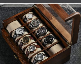 Caja de reloj personalizada para hombres, 8 ranuras divisorias Organizador de exhibición de joyería de madera grabado con citas divertidas