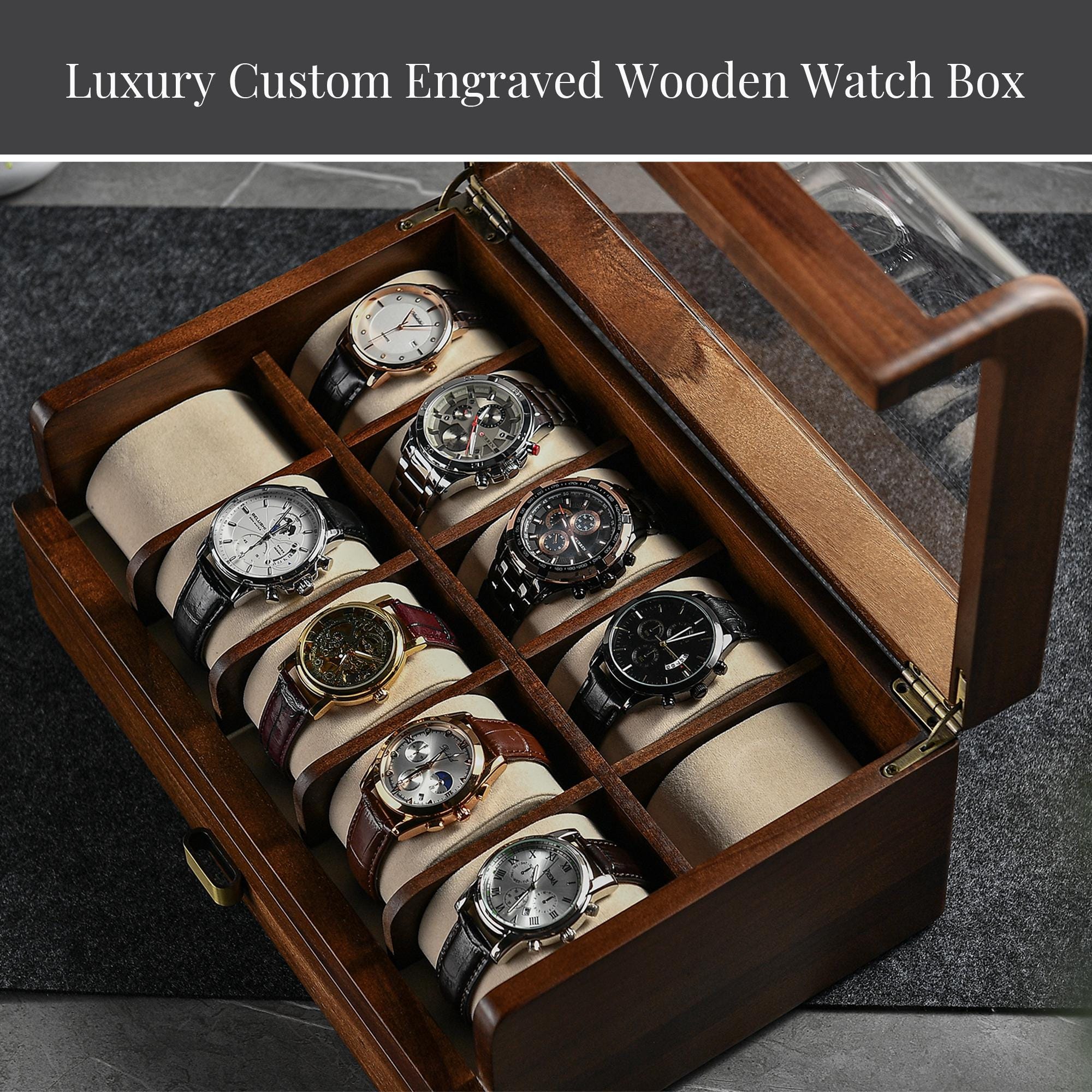 Horloge Opbergdoos 6 Sleuven Horloge Display Houder Case Massief Houten Sieraden Armband Collectie Organizer met Glas Deksel Zwart (12 Sleuven